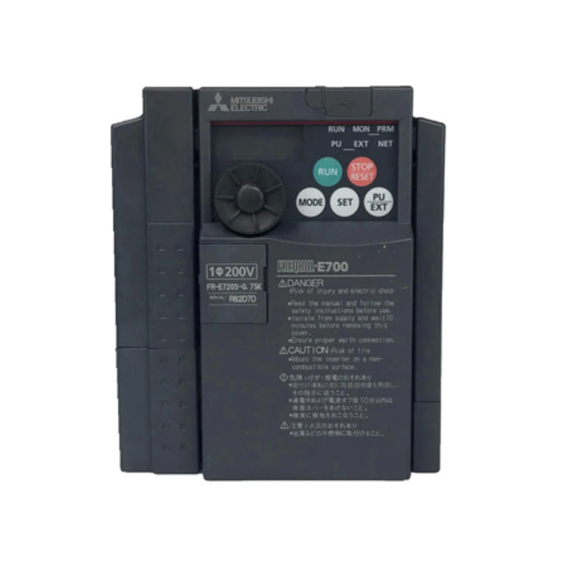 Compact Mitsubishi FR-E720S-1.5K VFD, 1.5 kW, 200–240 V, single-phase input, durable drive, FR-E700 series.