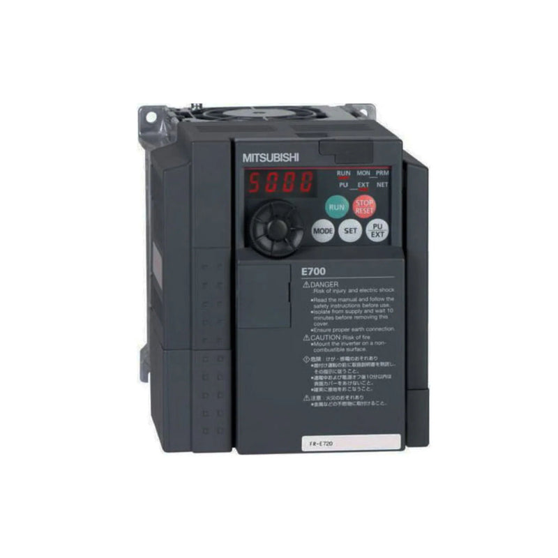 Mitsubishi FR-E740-0.4K inverter for efficient 0.4 kW 3-phase motor management in compact industrial setups.