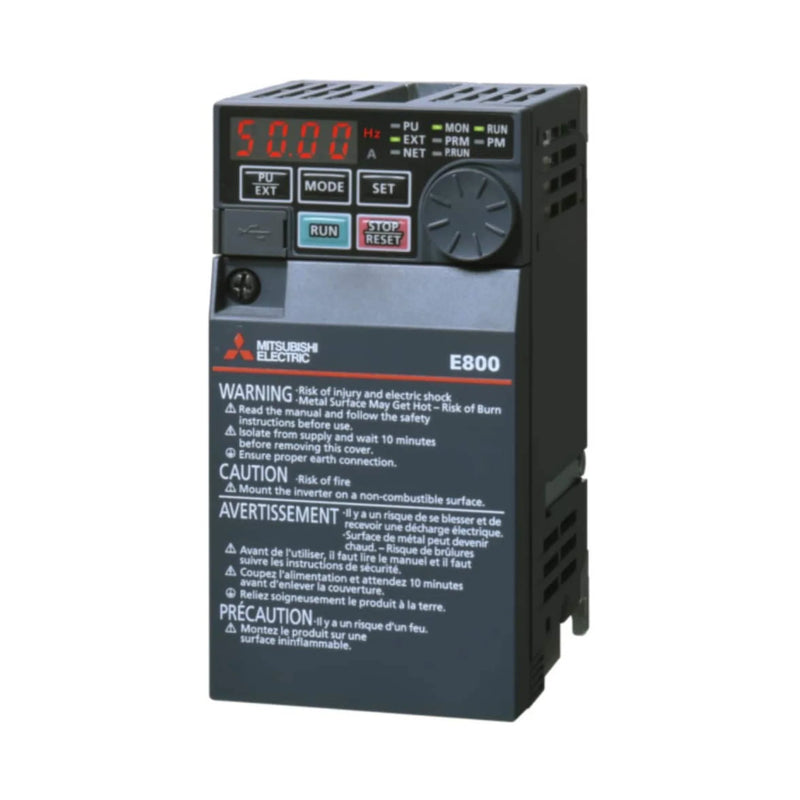 Mitsubishi VFD inverter, compact 0.4 kW, 200–240 V input, three-phase output, efficient vector control drive