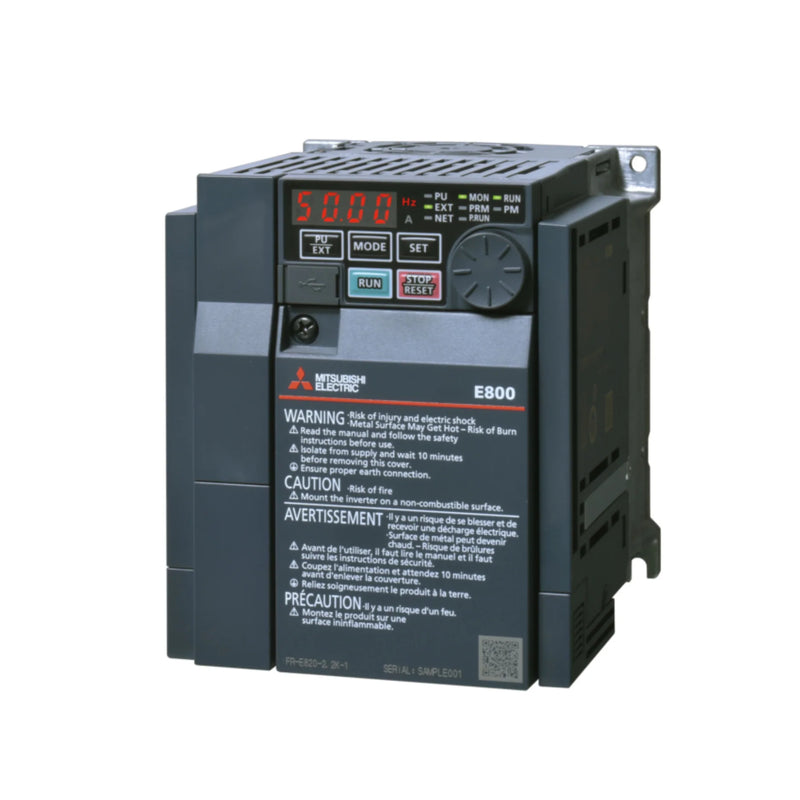 Compact Mitsubishi FR-E840-0016-4-60 VFD, 3.7kVA, 3-phase, E800 Series, ideal for general industrial motor applications.