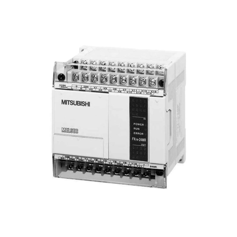 Compact Mitsubishi FX1N-24MR-ES/UL PLC with 24 I/O points and UL compliance for reliable industrial automation control.