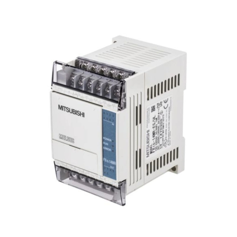 Compact Mitsubishi FX1S-14MR-ES/UL PLC with 14 points, featuring 8 inputs and 6 relay outputs, ideal for automation tasks.