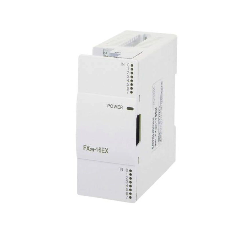 Mitsubishi FX2N-16EX input module, 16-point 24VDC sink/source, for FX2N PLC expansion, compact and rail mount ready.