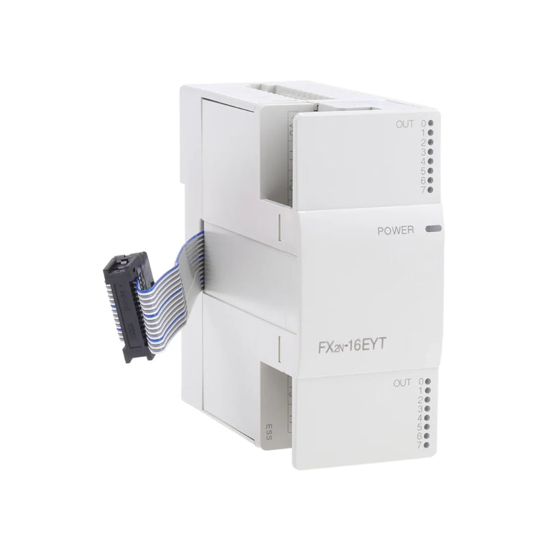 Mitsubishi FX2N-16EYT module with 16 transistor outputs for FX series PLCs, designed for 24 V DC systems.