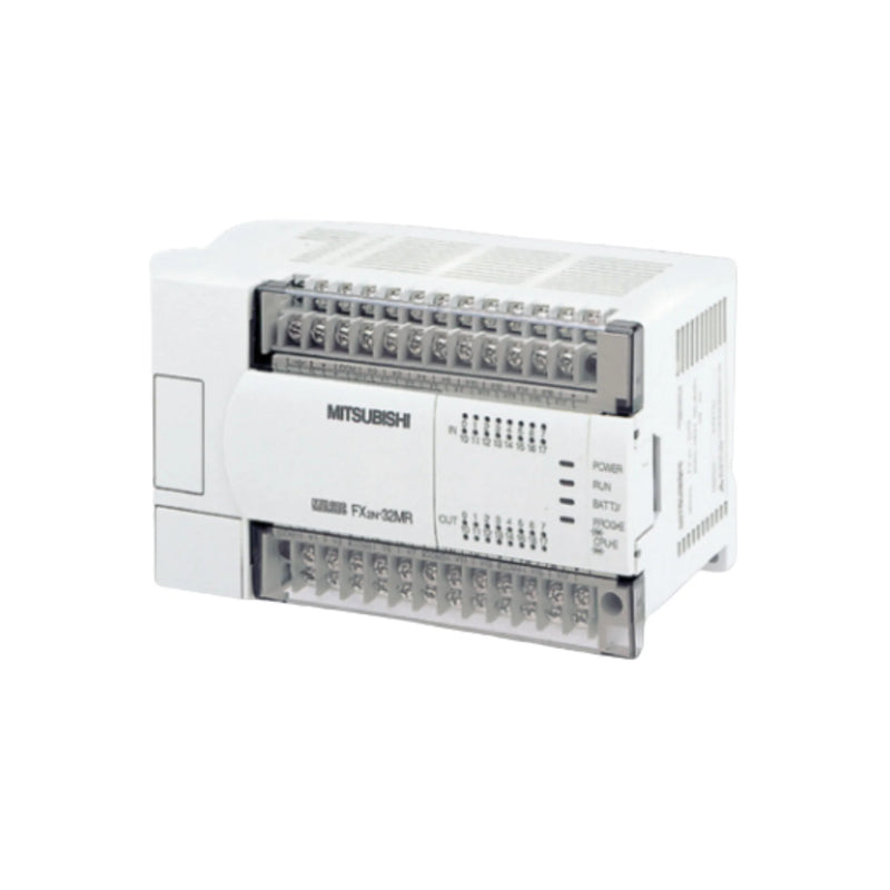32 I/O Mitsubishi FX2N-32MR-ES/UL PLC, 100–240V AC input, UL certified, compact controller with 16 relay outputs.
