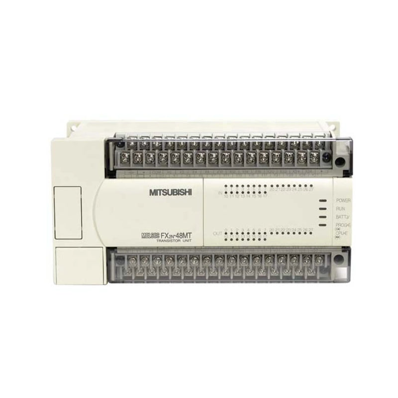 Mitsubishi FX2N-48MT-001 PLC unit with 48 I/O points and transistor sink outputs for compact industrial control.