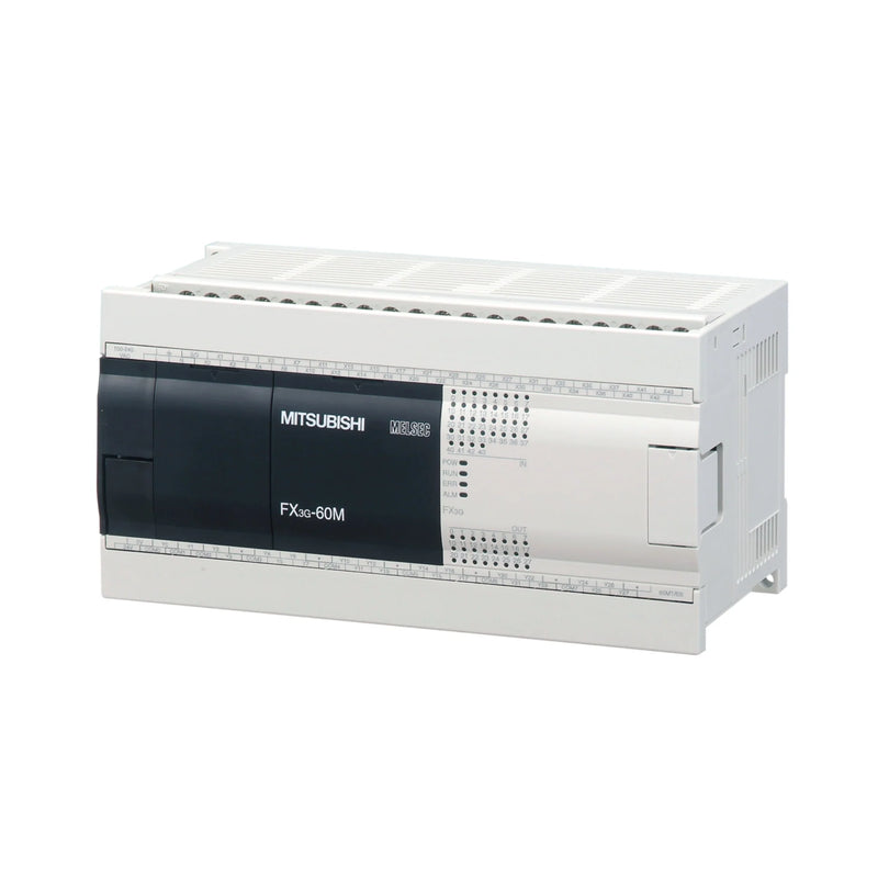 Mitsubishi FX3G-60MR/DS, 60-point PLC with 36 inputs, 24 outputs, 24V DC power.