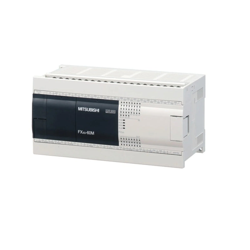 Mitsubishi FX3G-60MR-ES PLC with 60 I/O, 36 inputs, 24 relay outputs, 100–240V AC, main unit for FX3G Series.