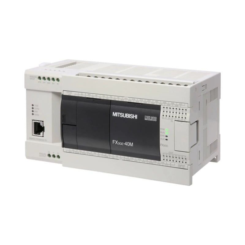 Mitsubishi FX3GE-40MR-ES PLC, 40 I/O with relay outputs, Ethernet, and analog I/O, 100–240V AC