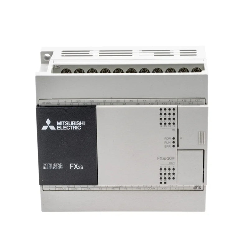 Compact Mitsubishi FX3S PLC with 16 inputs, 14 outputs, AC power, perfect for small-scale automation tasks.