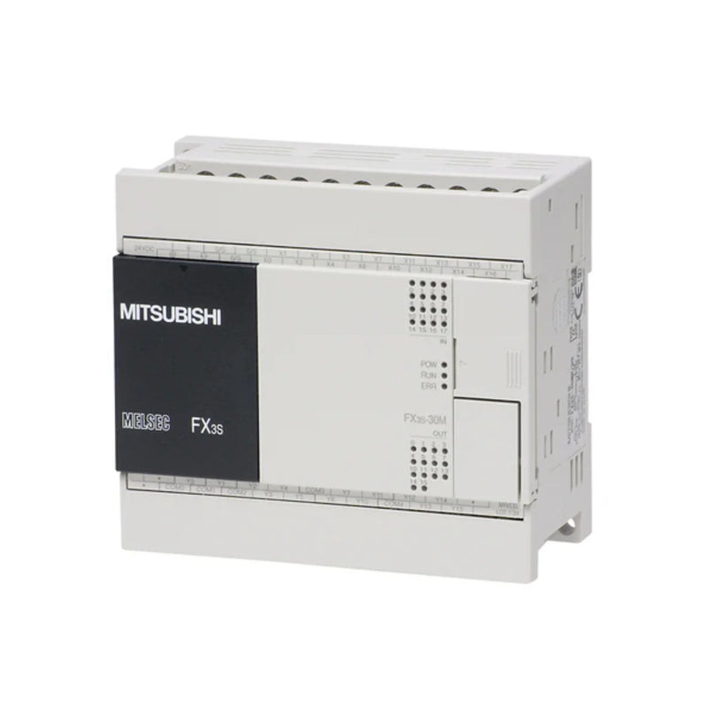 Compact Mitsubishi FX3S-30MR/ES PLC with relay outputs, 30 I/O, 100–240 VAC, part of the FX3S series.