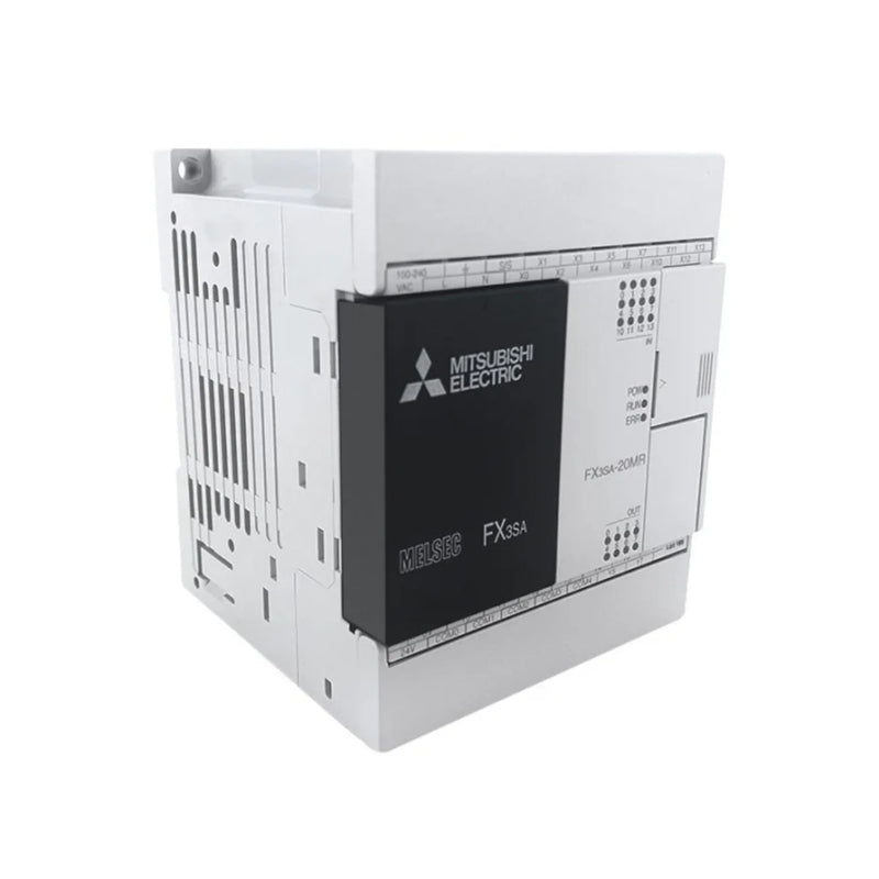 Compact Mitsubishi FX3SA-30MR-CM PLC controller with 16 inputs, 14 relay outputs, and 100-240 VAC power supply.