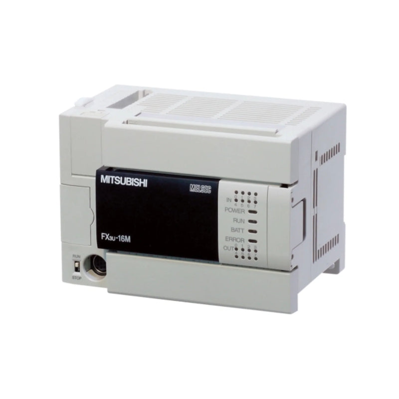 Compact Mitsubishi FX3U-16MR-DS PLC with relay outputs and wide voltage range.
