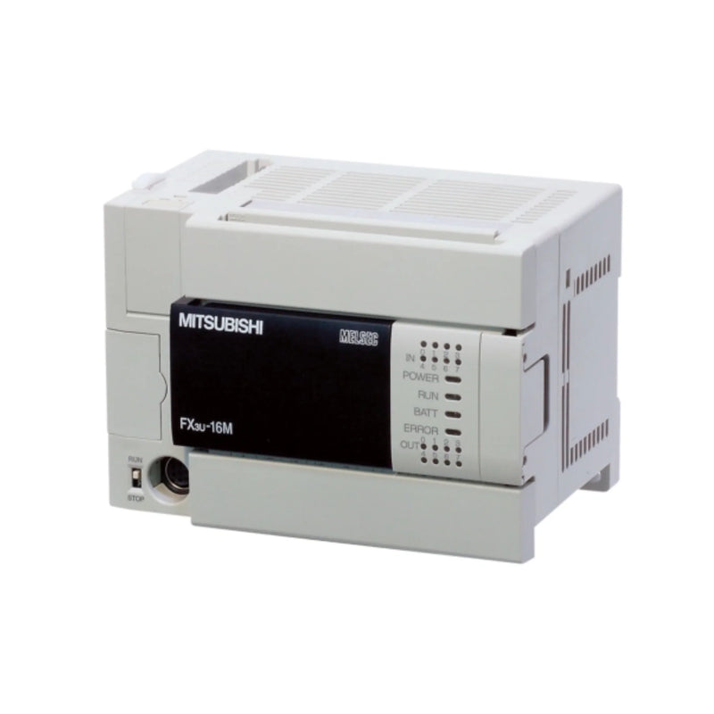 Compact Mitsubishi FX3U-16MT/ES-A PLC with 16-point unit, 8 digital inputs, 8 transistor outputs, 100–240V AC power.