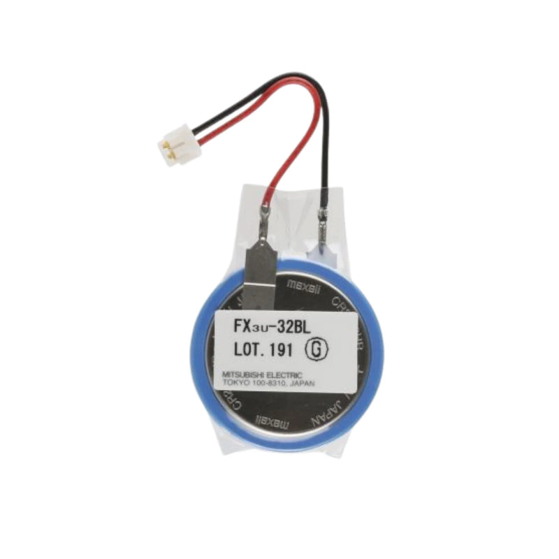 Mitsubishi FX3U-32BL backup battery, lithium, for FX3U/FX3UC PLCs, ensures memory preservation during power loss.