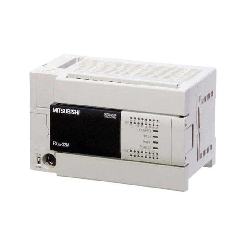 Mitsubishi FX3U-32MR-DS PLC with 32 I/O and relay outputs, powered by 100–240V AC, part of FX3U series, expandable unit