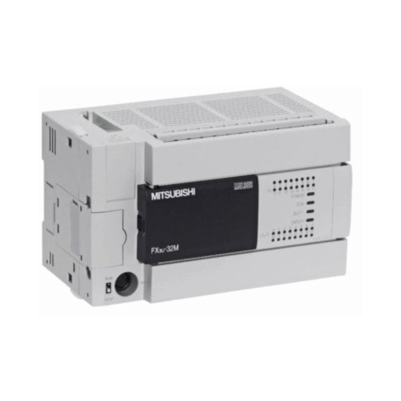 Mitsubishi FX3U-32MT/DSS PLC with 32 I/O including 16 inputs and 16 outputs, operates at 24V, 64K steps, ideal for automation.
