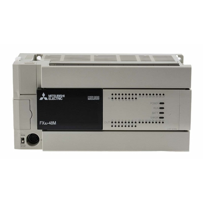 Mitsubishi FX3U-48MR/ES-A PLC, 48-point unit, 24 digital inputs and relay outputs, 100–240V AC power supply.