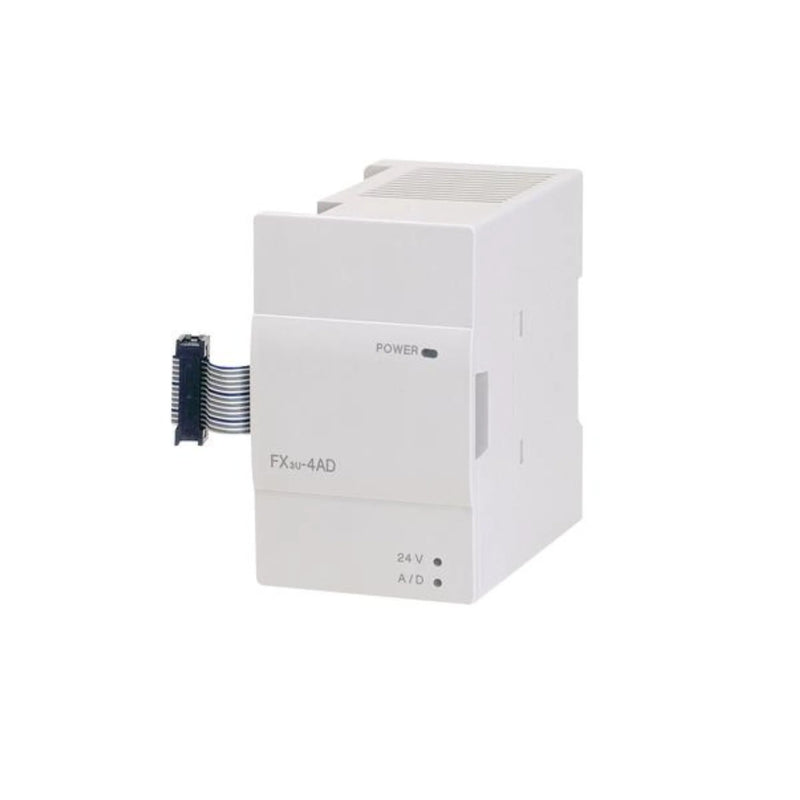 Mitsubishi FX3U-4AD module with 4 channels, 0-10V and 4-20mA input, 12-bit resolution, designed for FX3U PLCs.