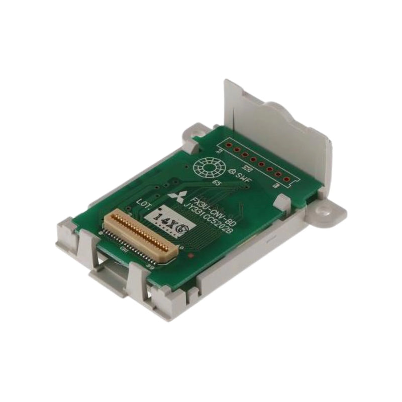 Mitsubishi FX3U-CNV-BD board for FX3U PLCs connects adapters, featuring compact design for efficient system integration.