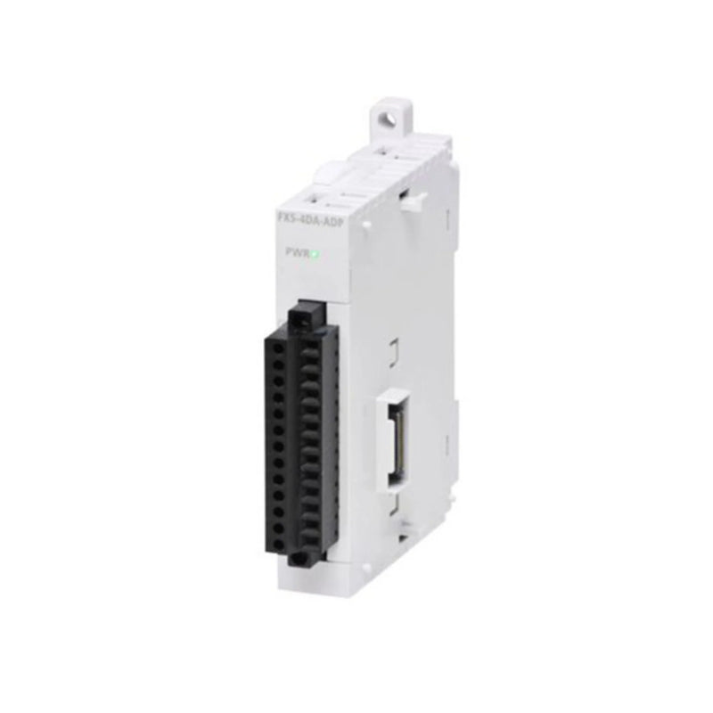 Mitsubishi FX5-4AD-ADP input module, 4 channels; supports 0-10V & 4-20mA; adapter for FX5U/FX5UC PLCs.