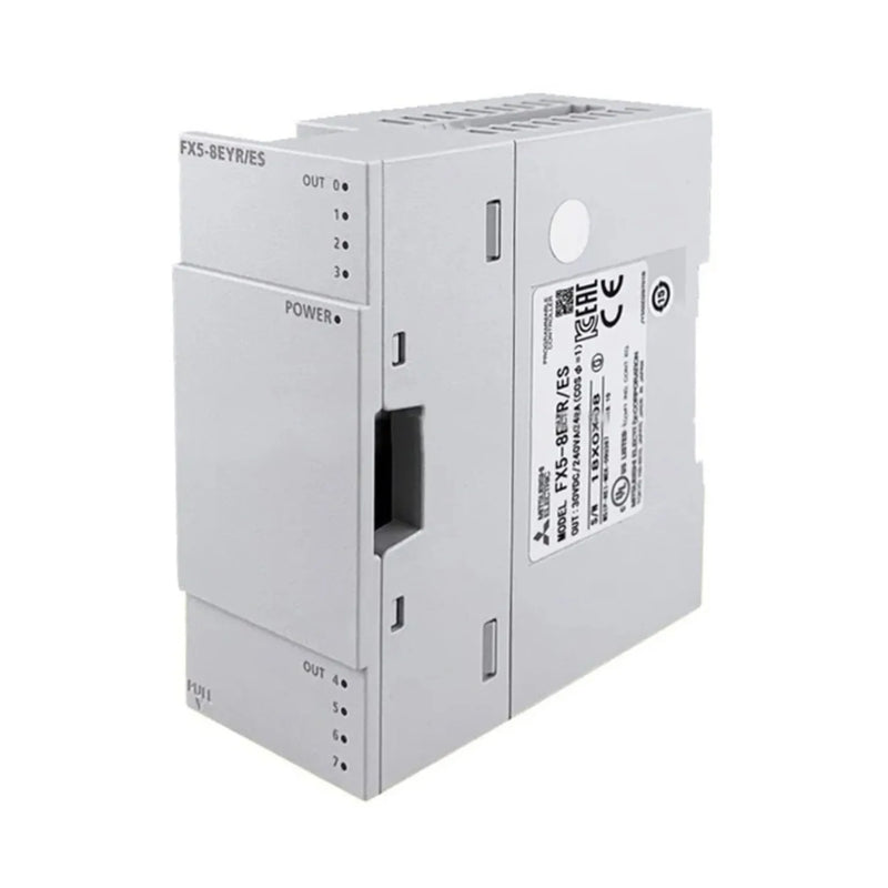 Mitsubishi FX5-8EYR/ES module with 8 relay outputs, fits FX5U iQ-F series PLCs, supports 24 V