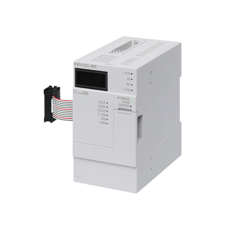 Mitsubishi FX5-CCL-MS module, designed for high-speed communication for FX5U/FX5UC PLCs, compact and mountable on DIN rail.