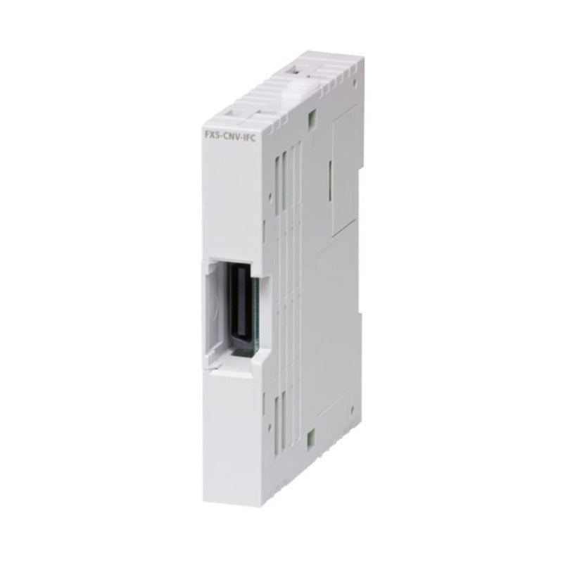 Mitsubishi FX5-CNV-IFC connects FX5U to FX3 units, compact DIN mount converter.