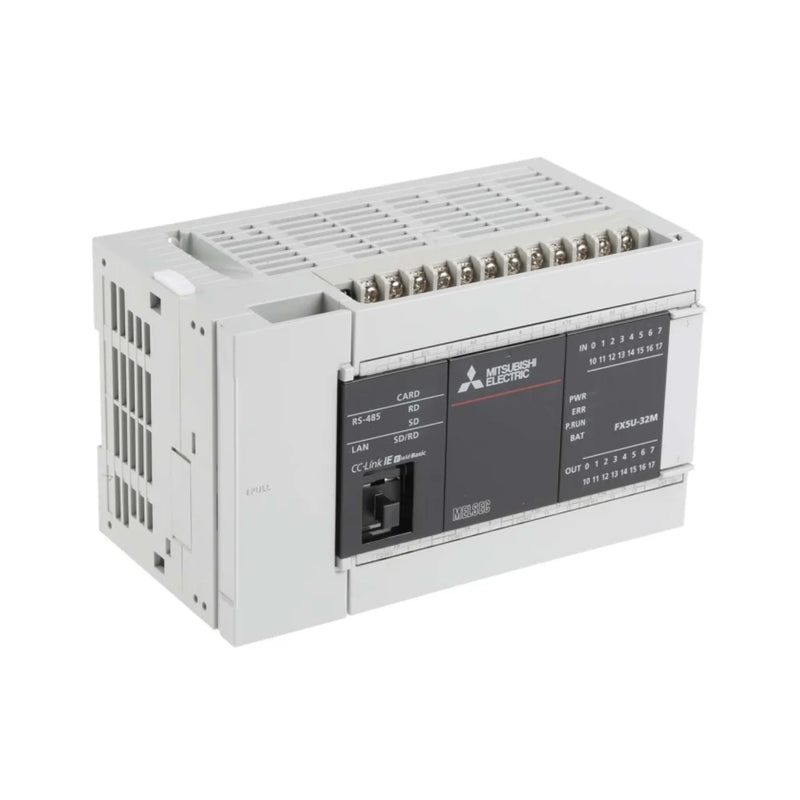 Compact Mitsubishi FX5U-32MR/ES PLC with 32 I/O, relay output, 100-240 V AC power, ideal for industrial automation.