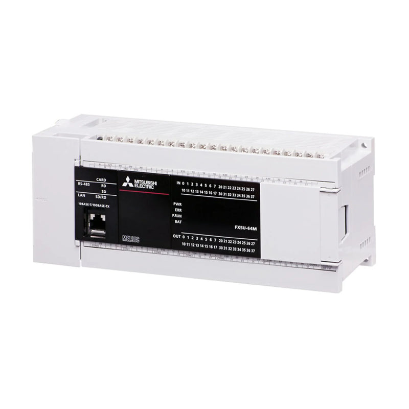 Mitsubishi FX5U-64MR-DS PLC, 64 I/O, 24V DC, relay outputs, iQ-F Series unit for compact industrial automation.