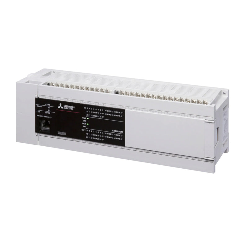 Compact Mitsubishi FX5U-80MR/ES PLC with 80 I/O points and Ethernet/IP for efficient industrial automation.