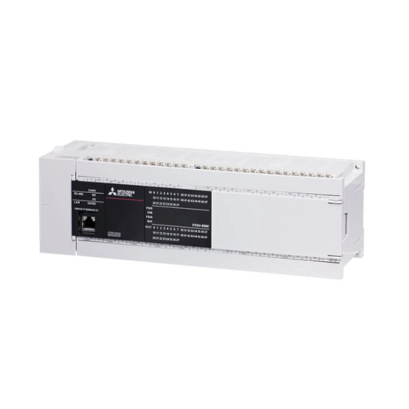 Mitsubishi FX5U-80MT-ES PLC with 80 I/O transistor outputs and global shipping capabilities