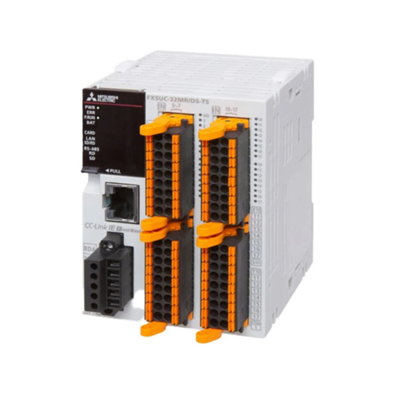 Mitsubishi FX5UC PLC, 32 I/O, transistor outputs, touchscreen port, UL certified, iQ‑F series