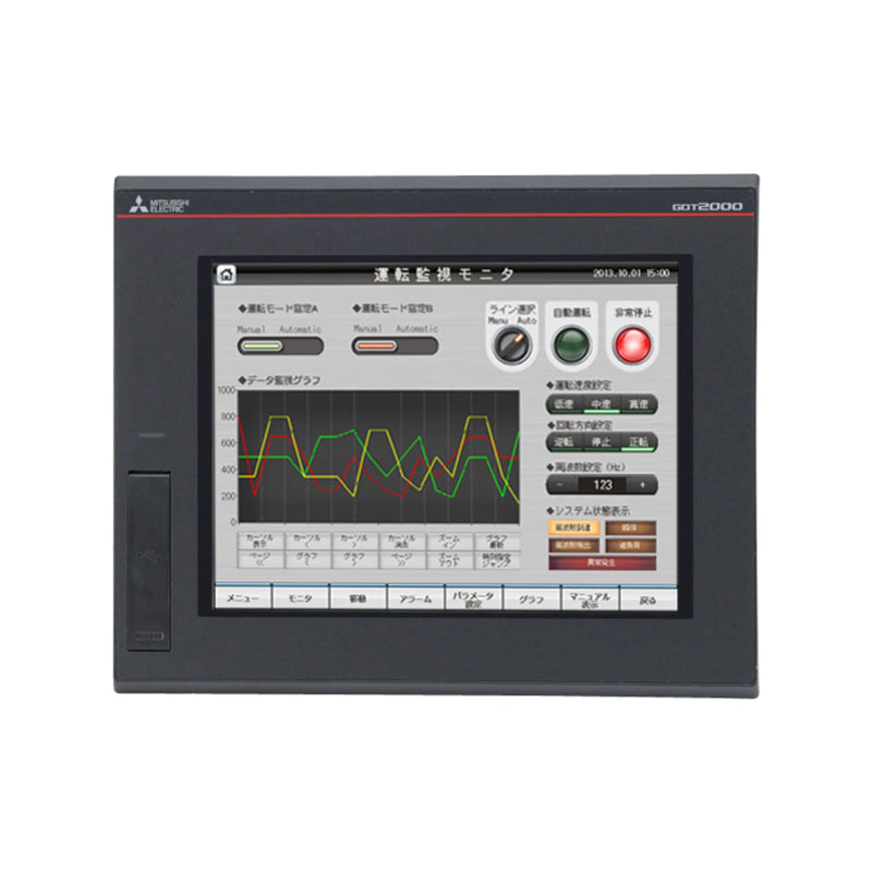 Mitsubishi 8.4-inch HMI with color display and multiple connection ports for industrial control automation.