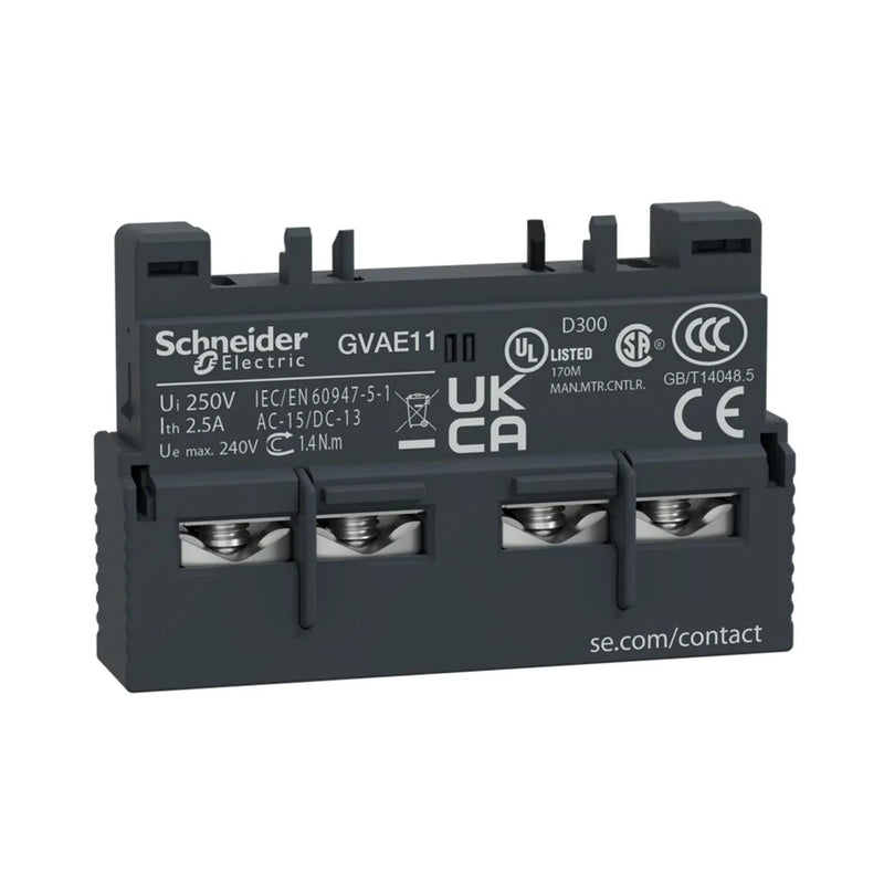 Schneider Electric GVAE11 auxiliary contact block 1 NO + 1 NC front mount for GV2 GV3