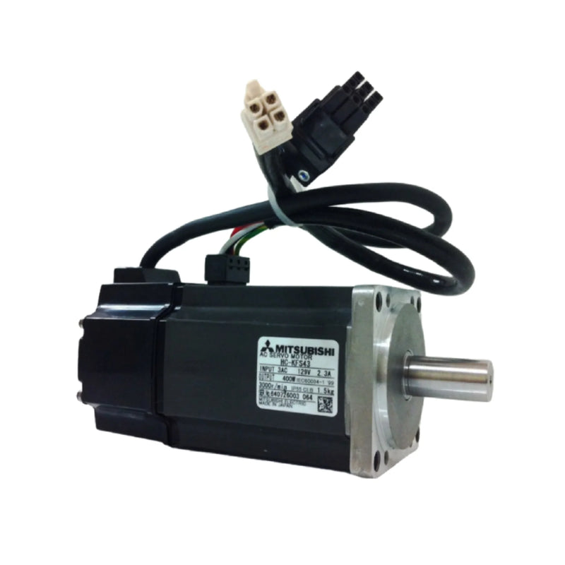 Mitsubishi HC-KFS43 servo motor, 400W, 200V, 3000 RPM, key shaft, compact AC motor for precise motion control.