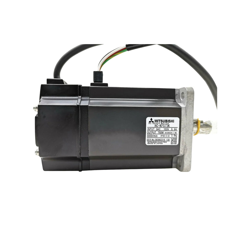 Mitsubishi HC-KFS73K servo motor, 750W, 3000 RPM, 200V, brake, compact design for automation systems.