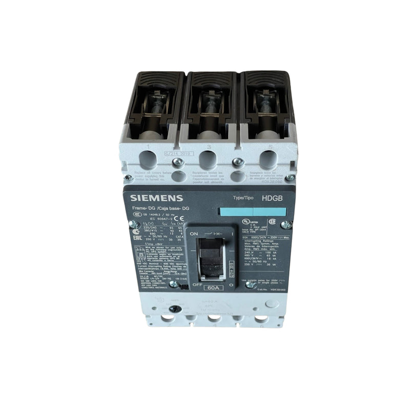 Siemens HDG3F150 molded case circuit breaker, 150 A, 3-pole, for industrial electrical protection.