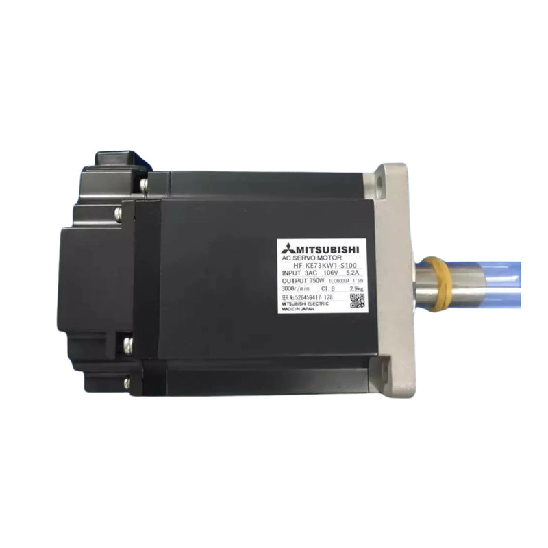 Mitsubishi HF-KE73KW1-S100 servo, 750W, 3000 RPM, 200V, keyed shaft, incremental encoder.