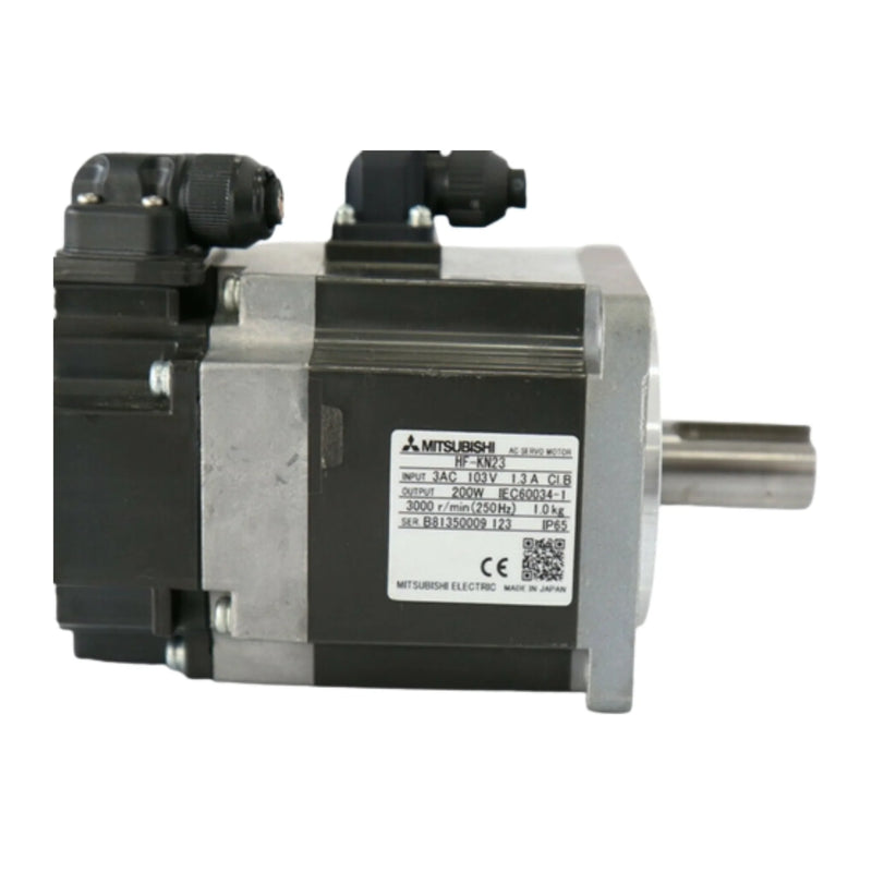 Mitsubishi HF-KN23 servo motor, 200 W, 3000 rpm, features a compact low-inertia design and incremental encoder