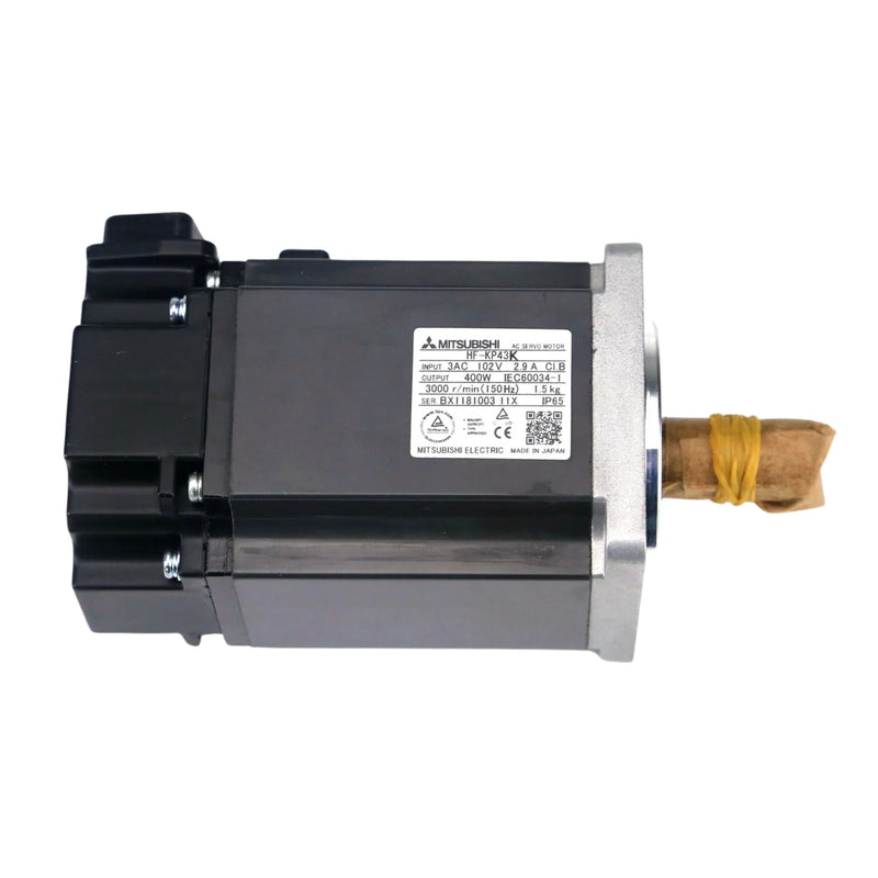 Mitsubishi 400W servo motor, 3000 RPM, compact J4 model for precision motion tasks.