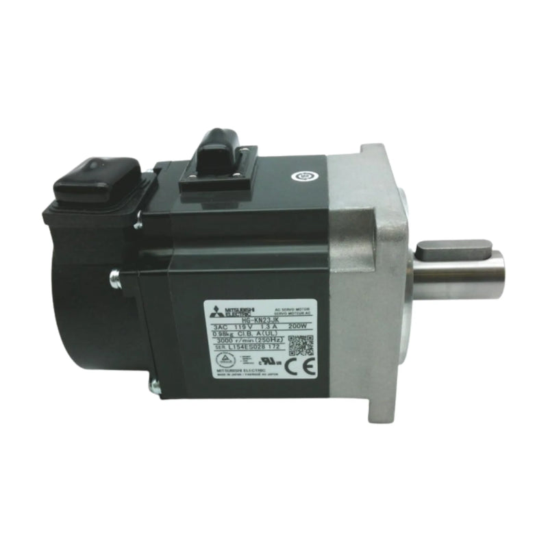 Compact Mitsubishi HG-KN23JK servo motor with 200W power, 3000 RPM, 200V, featuring an incremental encoder and IP65 protection