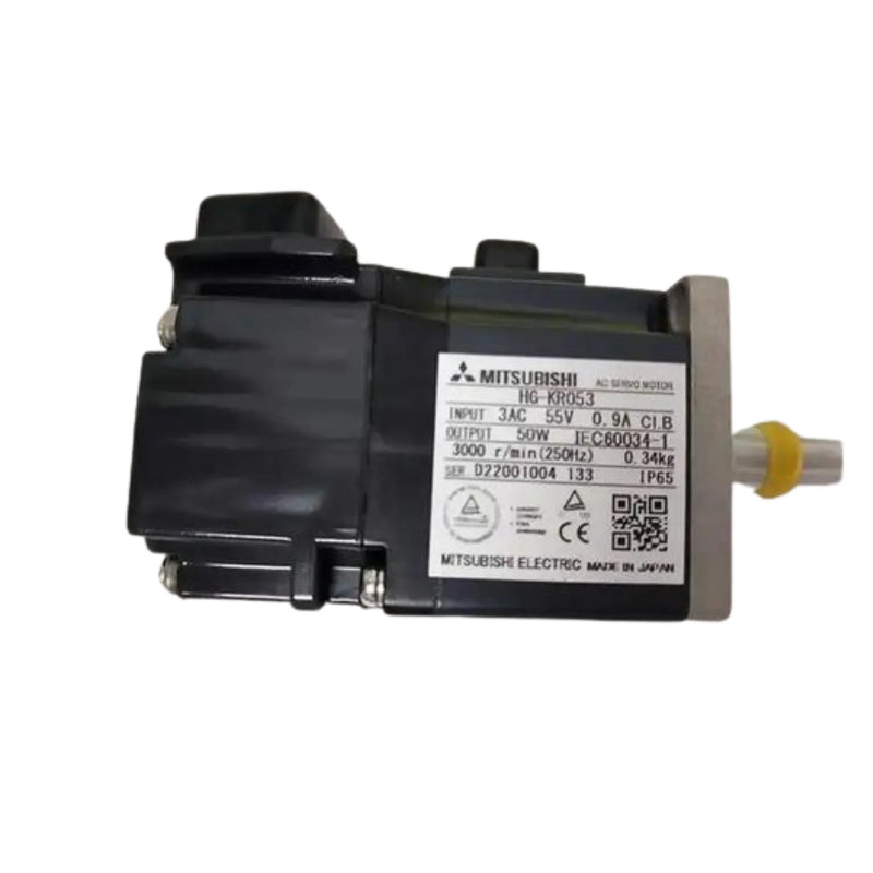 Mitsubishi HG-KR053 motor, 50W, 3000 RPM, 22-bit encoder, compact flange-mounted, 200V