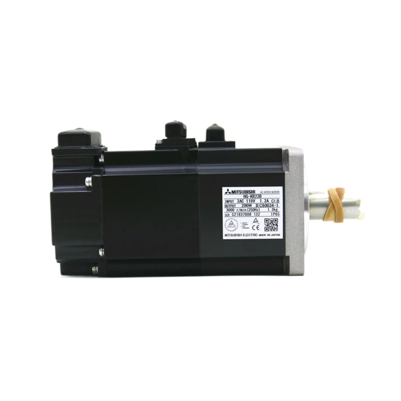 Compact Mitsubishi HG-KR23B, 200W, 3000 RPM servo motor with brake, designed for precise industrial motion control.