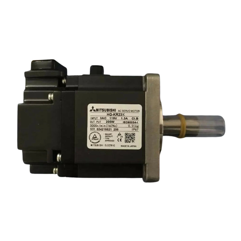 Mitsubishi HG-KR23K servo motor, 200 W power, 3000 rpm, keyed shaft, from HG-KR series