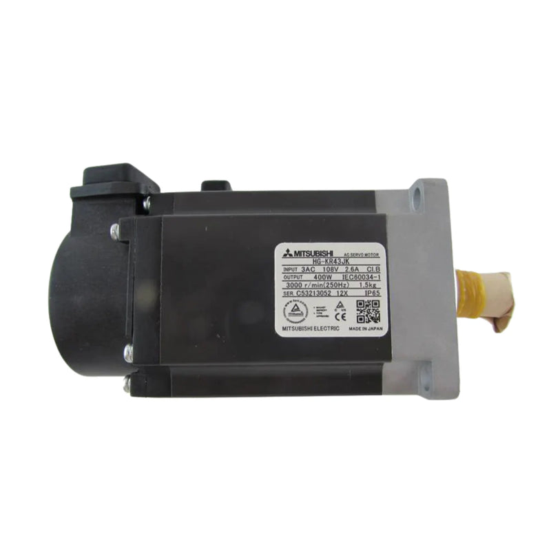 Mitsubishi HG-KR43JK, 400W servo motor, 3000 RPM, low-inertia, keyed shaft, oil seal, 22-bit encoder.