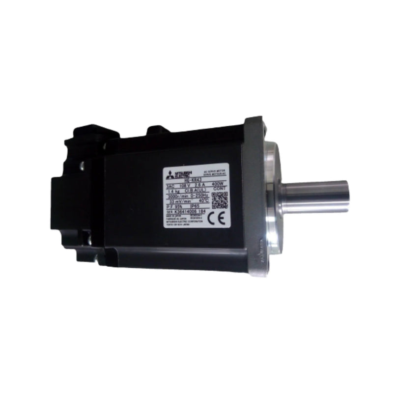 Mitsubishi HG-KR43, 400W, 3000 RPM servo motor, 200V, 22-bit encoder, compact MELSERVO J4 series model.