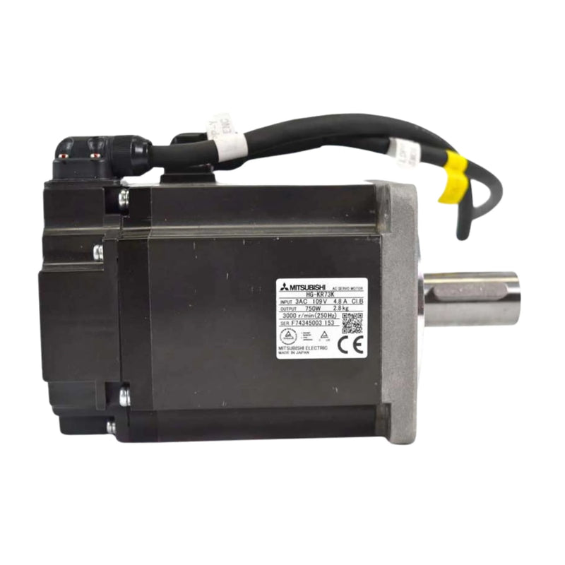 Mitsubishi HG-KR73K, 0.75kW servo motor, 22-bit encoder, IP65, low inertia, key shaft, ideal for precise industrial motion.