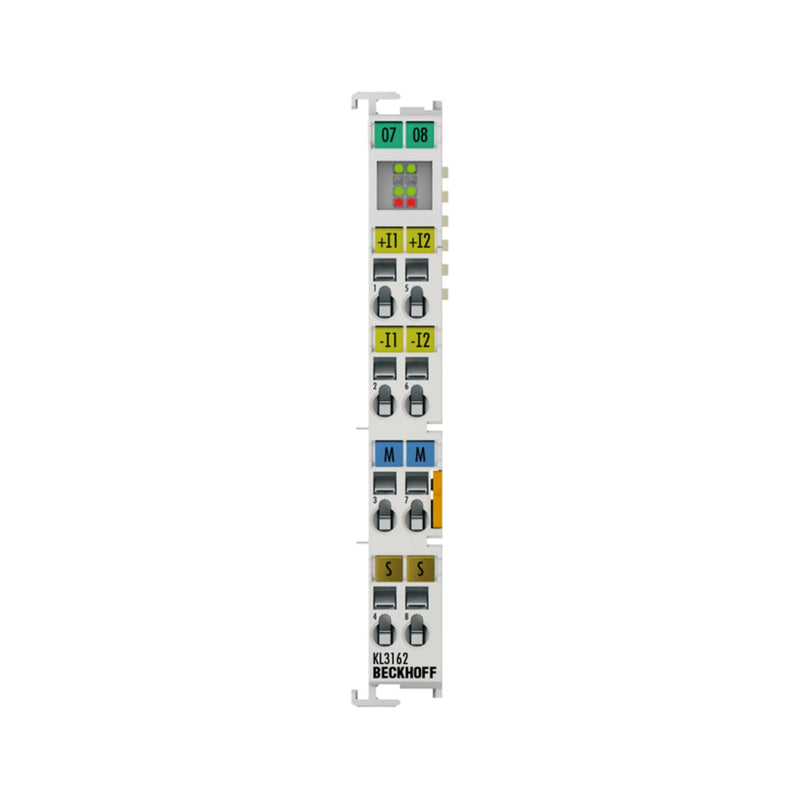 Beckhoff KL3162 2-channel analog input terminal, 0–20 mA, for precise current measurement in industrial automation.