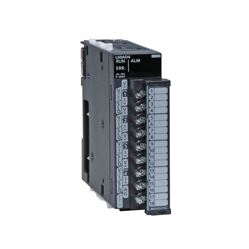 L60AD4-CM module for L Series PLCs with 4 analog inputs supporting voltage and current signals.